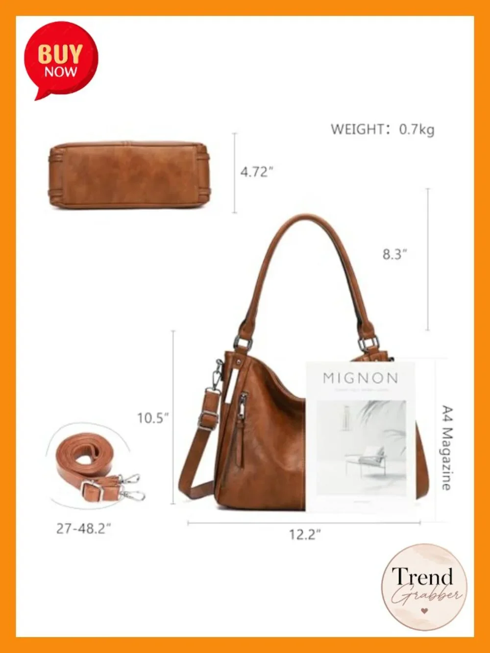 Large Hobo Tote Bag Soft PU Leather Shoulder Handbag Multiple Compartments